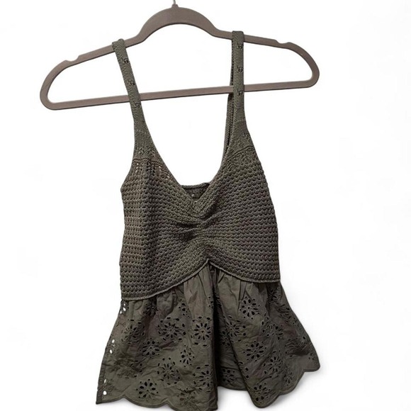 Tops - NWT Francesca's Olive crochet tank top with floral cut-out pattern, size M